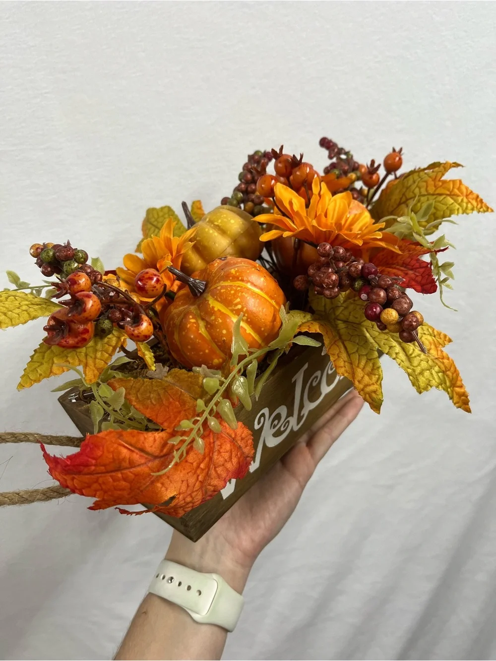 Welcome Centerpiece Box with Orange Fall Foliage and Lights
